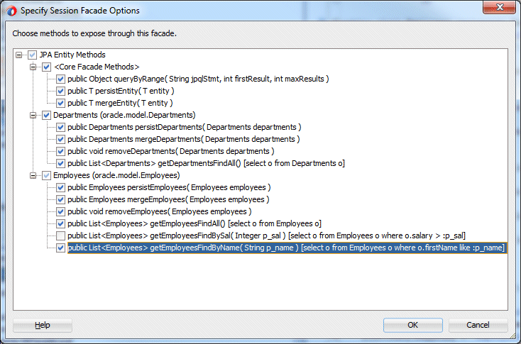 Specify Session Facade Options dialog