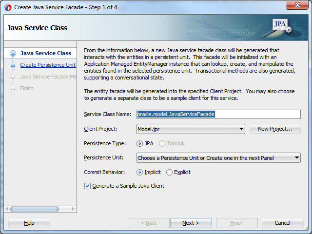 Step 1 of the Java Service Facade Methods 