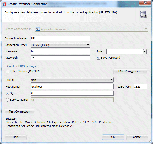 Create Database Connection dialog