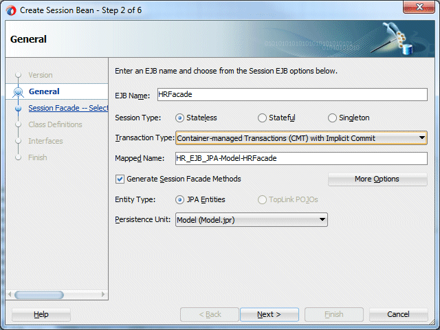 This is Step 2 of the Create Session Bean wizard.