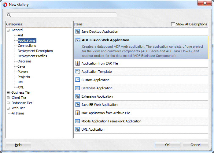 New gallery with Fusion Web Application selected.