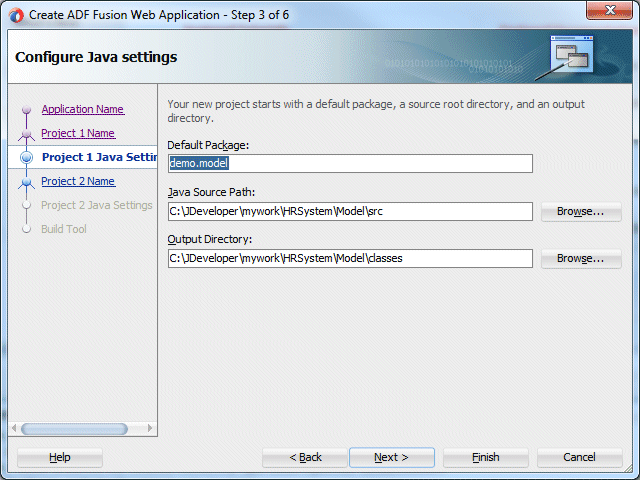 Page 3 of wizard with demo.model highlighted as the default package.