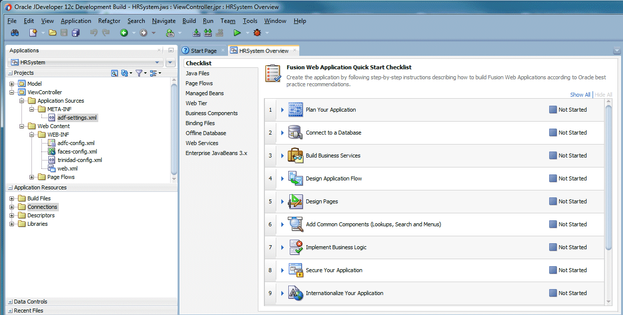 Application Navigator showing the new application and its two projects. Also Fusion Web app checklist is also displayed to the right of the App Navigator.