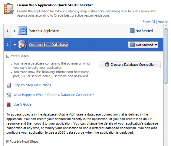 Checklist with Connect to a Database task expanded and cursor over Create a Database Connection sub-task.