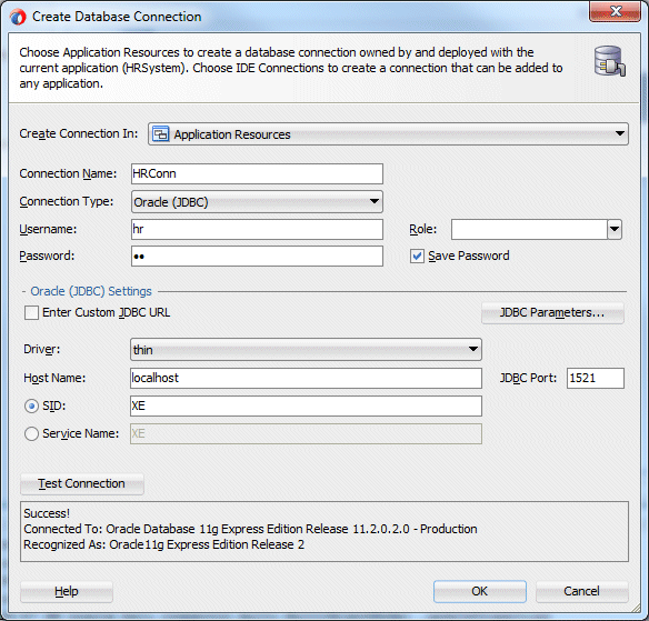 Create Database Connection dialog with values completed and Test Connection box showing Success!
