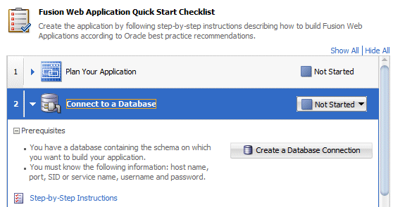 Checklist with cursor over arrow to shrink the expanded Database step.