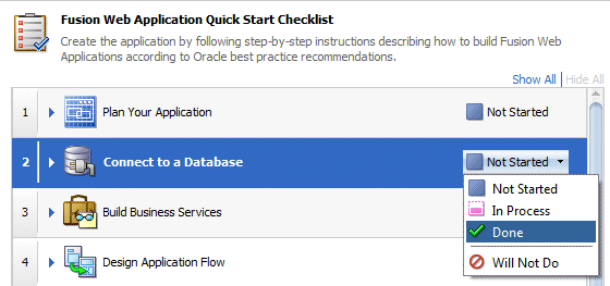 Checklist with cursor over Done in status drop down list.