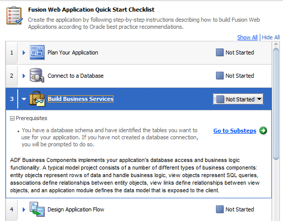 Checklist with Step 3, Build Business Services step expanded, and cursor over Go to Substeps
