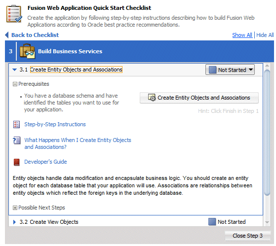 Checklist with substep 3.1 expanded and cursor over Create Entity Objects and Associations button.
