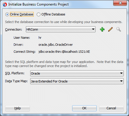 Initialize Business Components Project dialog dialog with HRConn in the Connection field.