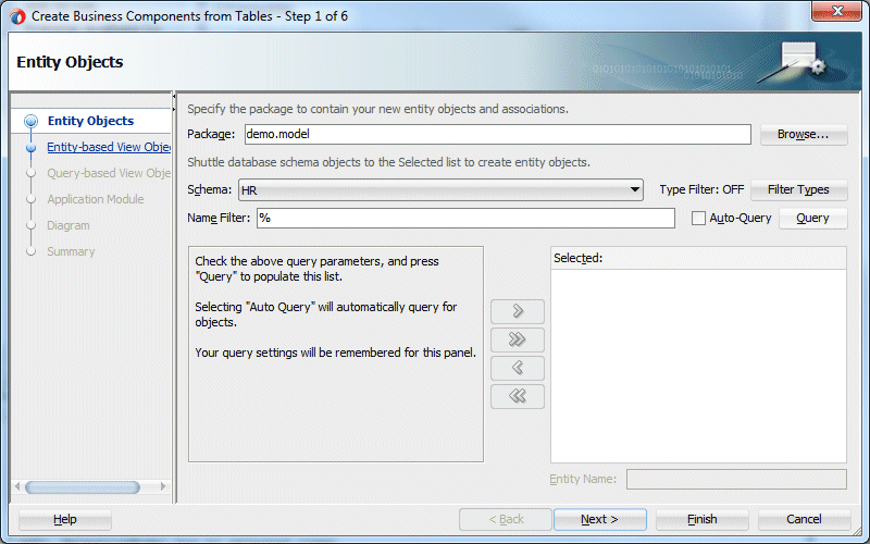 Create Business Components from Tables wizard Step 1 with cursor over Query button.