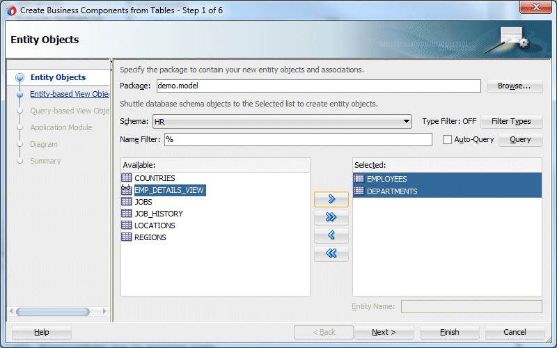 Wizard with list of available tables in left hand pane with Departments and Employees tables selected.