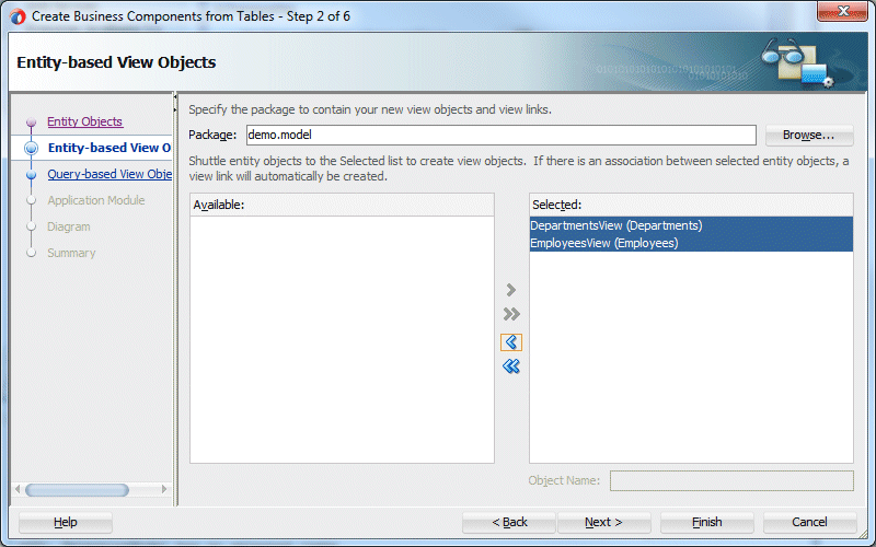 Step 2 of wizard shows DepartmentsView and EmployeesView in the Selected pane.