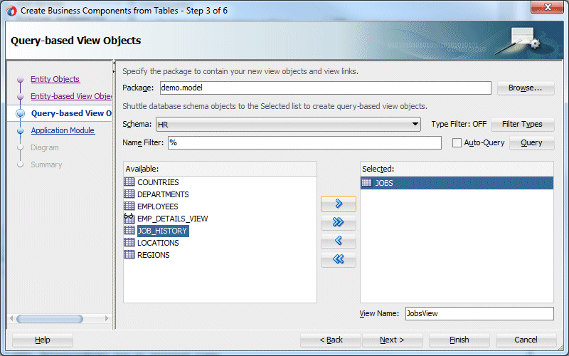 Step 3 of wizard with JOBS displayed in the Selected pane.
