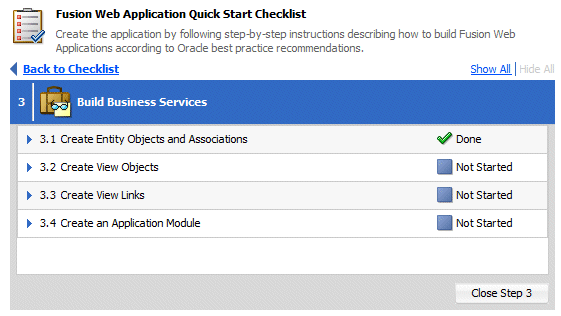 Checklist with cursor over Close Step 3 button.