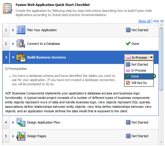 Checklist with status box for the Build Business Services task. The drop down list has Done option selected.