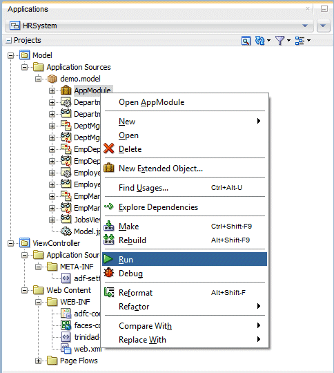 App Navigator with right mouse menu for AppModule. The Run option is selected on the menu.