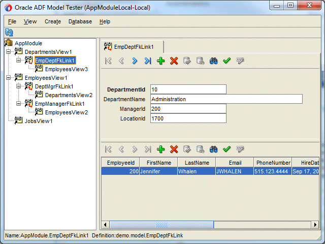 Business Components Browser with EmpDeptFkLink1 selected, showing information about a Department and list of employees belonging to it.