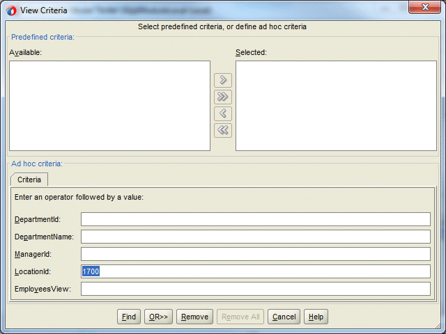 Business Component View Criteria dialog showing 1700 in LocationId field.