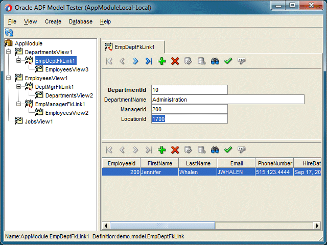 Bus Comps Browser showing details of Department 30 with LocationId of 1700.
