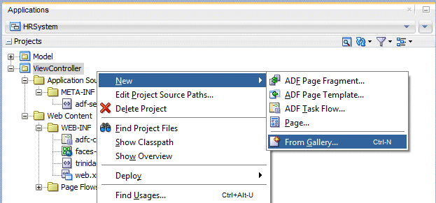 App Navigator with ViewController project selected and showing right-mouse menu with New option selected.