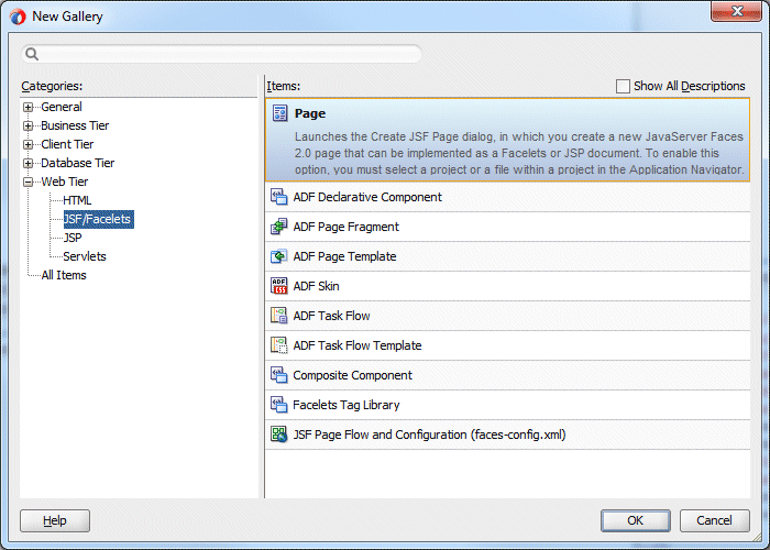 New Gallery with JSF/Facelets selected in Categories pane and Page selected in Items pane