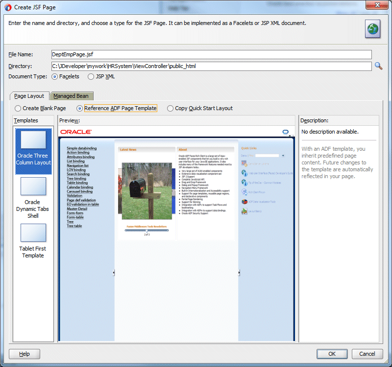 Create Page dialog with selections as described.