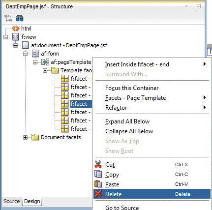 DeptEmpPage with cursor positioned in the right-hand area and right-mouse menu showing Delete option selected.