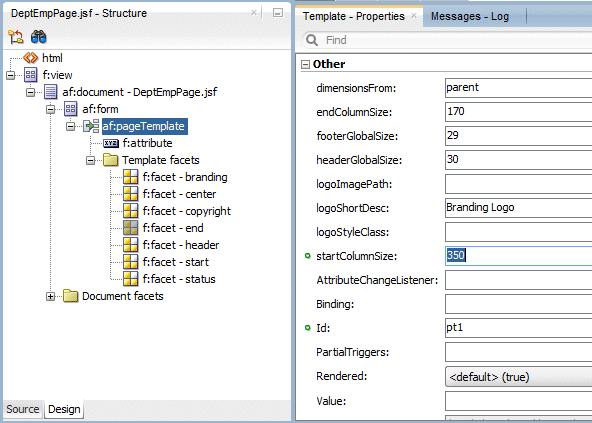 Structure window with af:pageTemplate selected and in PI the startColumnSize property set to 350.