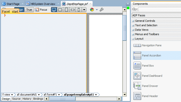 Design Editor showing PanelAccordion component being dragged into the DeptEmpPage page.