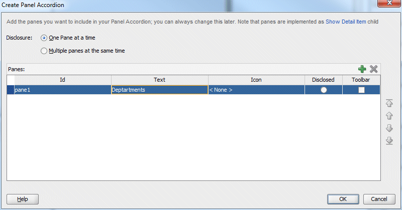 Structure window with af:showDetailItem selected; PI with Text property set to Departments.