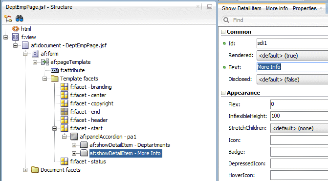 Design Editor with new showDetailItem selected and PI with Text property set to More Info.