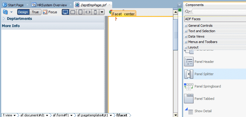 Component Palette with Panel Splitter selected and being dragged onto page.