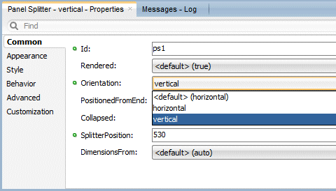 PI for Panel Splitter with 'vertical' option chosen for the Orientation property.