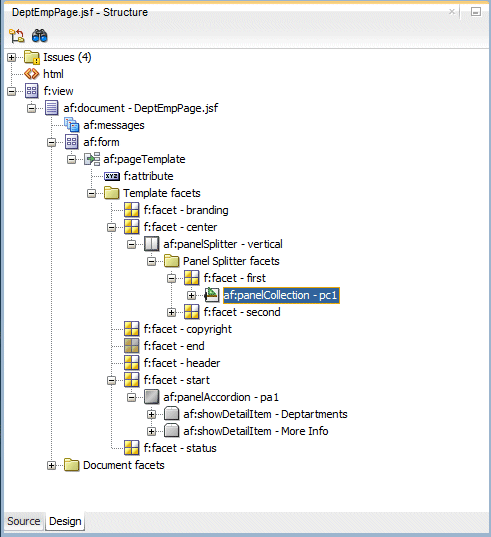 Component Palette with Panel Collection property selected and being dragged onto the page in the first facet.