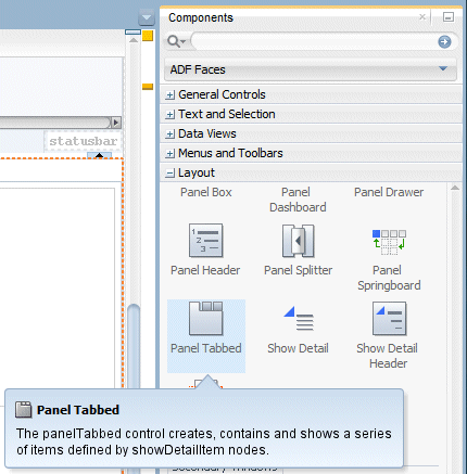 Component Palette with Panel Tabbed component selected and being dragged onto second facet in the Structure window.