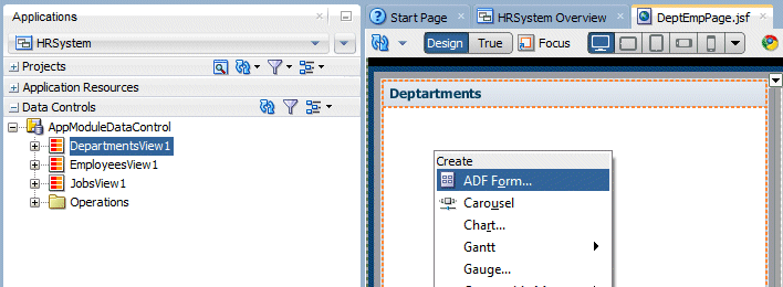 App Navigator with DepartmentsView1 selected in Data Controls accordion and being dragged onto Departmenst in Design Editor to be created as an ADF Read-only Form.