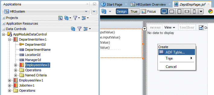 EmployeesView3 selected in Data Controls accordion and being dragged onto the panel collection in the page and created as an ADF Read-only Table.
