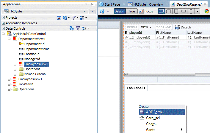 Data Controls accordion with EmployeesView3 selected and being dragged onto the panel tabbed component as an ADF Form.
