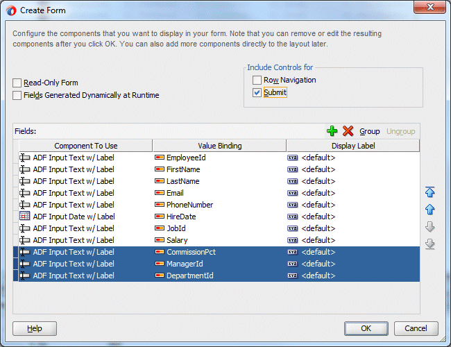 Edit Form Fields dialog with 3 last fields in list selected and cursor over Delete button. 