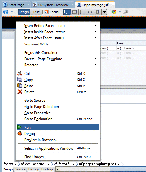 DeptEmpPage with Run option selected in context menu.