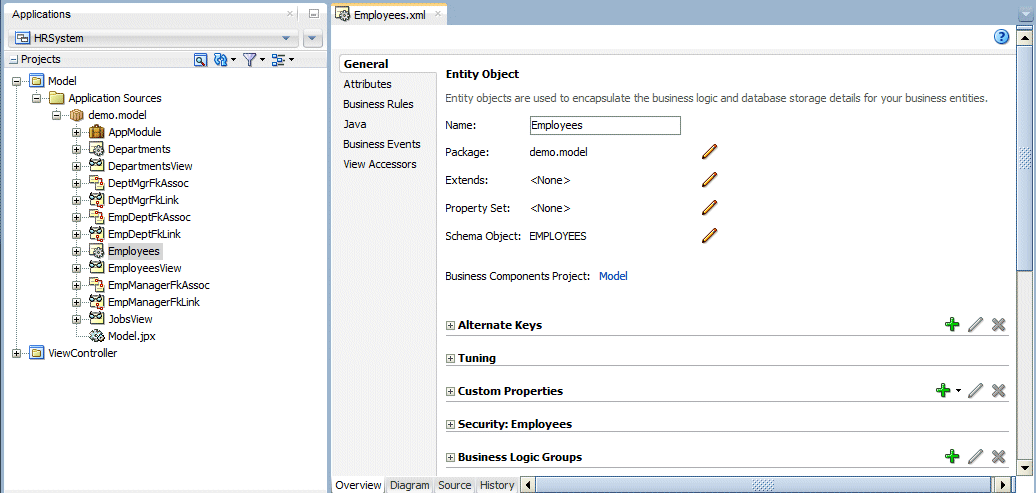 Employees entity object selected in App Navigator and Employees.xml file open for editing.