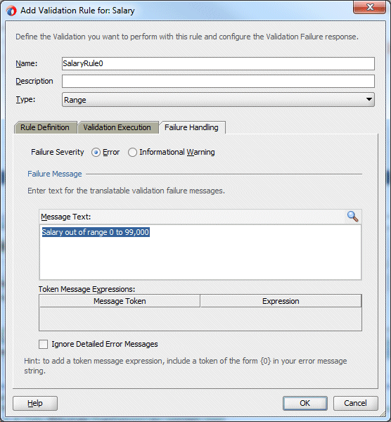 Add Validation Rule dialog as before but displaying Failure Handling tab with error message defined.