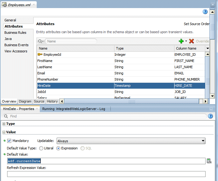 Employees.xml file with HireDate selected in Attributes tab. In PI Default Date field shows adf:currentDate highlighted in field.