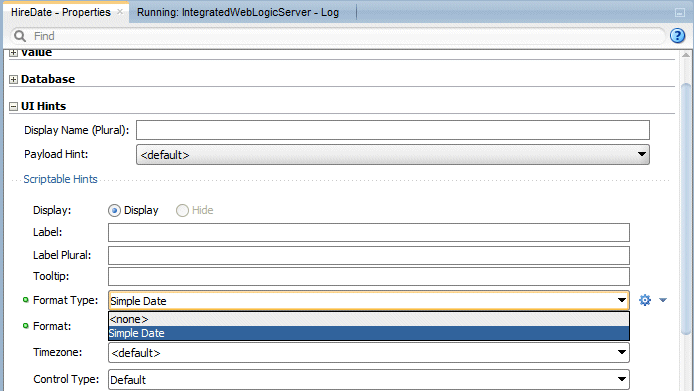 As last image but in PI the UI Hints properties node is expanded with Simple Date highlighted in Format Type property.