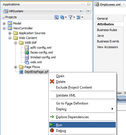 App Navigator with DeptEmpPage selected and Run selected in context menu.
