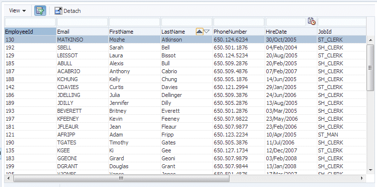 Run time view of Departments table with  Email column in a different location.