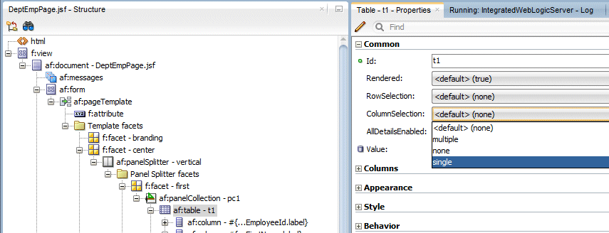 Structure window with af:table selected and PI for Table with ColumnSelection property set to single.