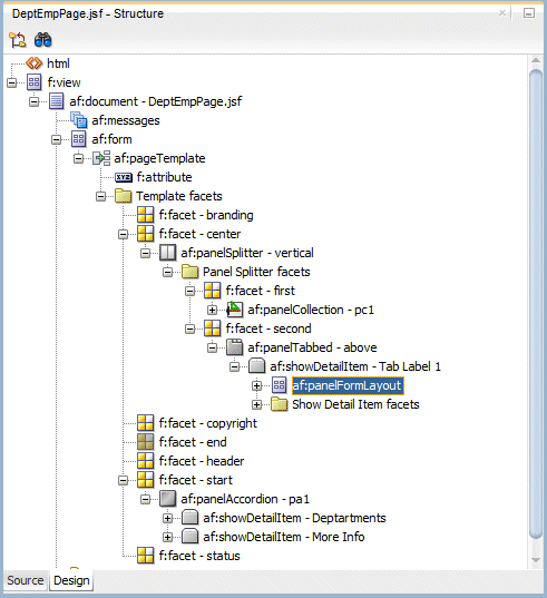 Structure window with af:panelFormLayout selected.