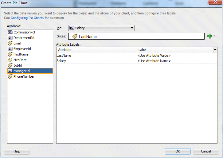 Create Pie Graph dialog with Salary chosen for the Pie field and LastName being dragged from the Available list into the Slices field.